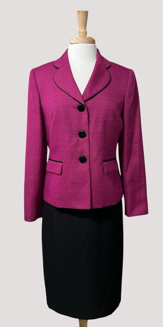 Le Suit Skirt Suit Womens 10 Dark Magenta Black Blazer Parisian Corporate Chic